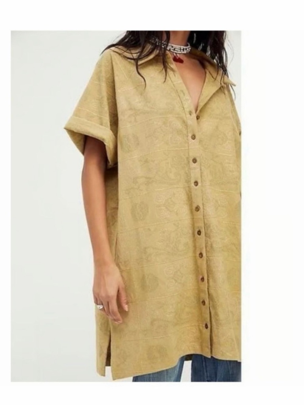 We The Free NWT Yin To My Yang Button Down Embroidered Tunic Dress Top Khaki S